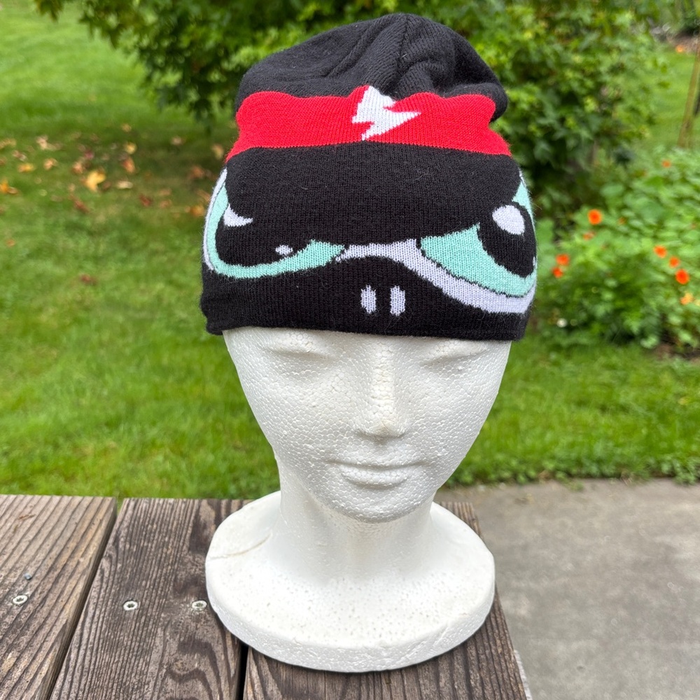 3/$20 Black Beanie with Red Stripe and Cartoon Eyes